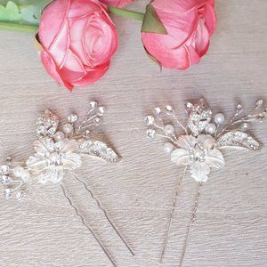 Set of 2 Bridal Hair Pins Silver Flower Hair Pins Wedding Hair Accessories